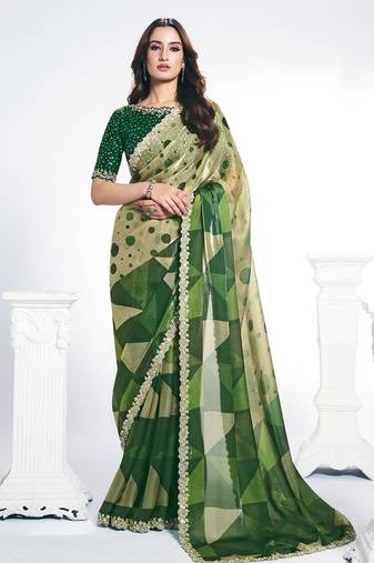 green two tone satin silk digital print with embroidery sequince hand work saree