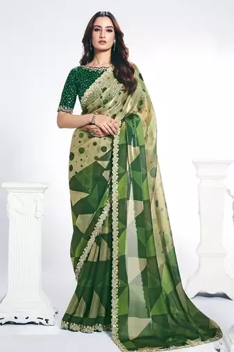 green two tone satin silk digital print with embroidery sequince hand work saree