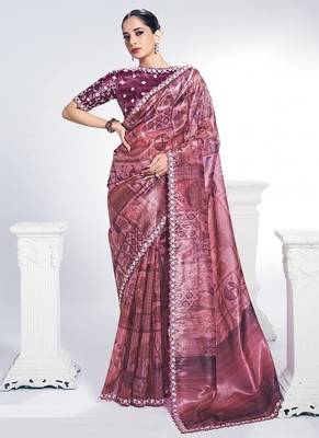 onion pink two tone paper silk digital print with embroidery hand work wear saree 1