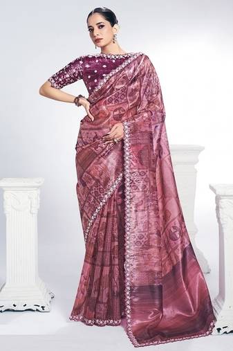 onion pink two tone paper silk digital print with embroidery hand work wear saree