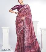 onion pink two tone paper silk digital print with embroidery hand work wear saree