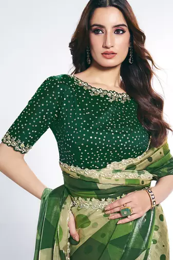 green two tone satin silk digital print with embroidery sequince hand work saree