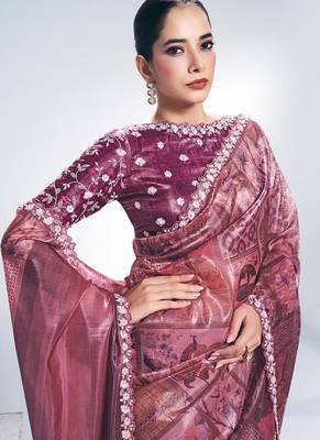 onion pink two tone paper silk digital print with embroidery hand work wear saree 2
