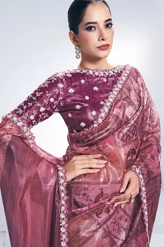 onion pink two tone paper silk digital print with embroidery hand work wear saree