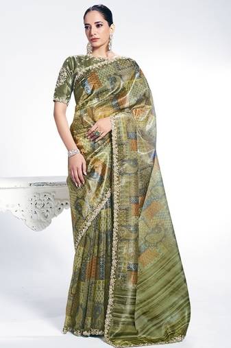 olive two tone paper silk digital print with embroidery hand work wear saree