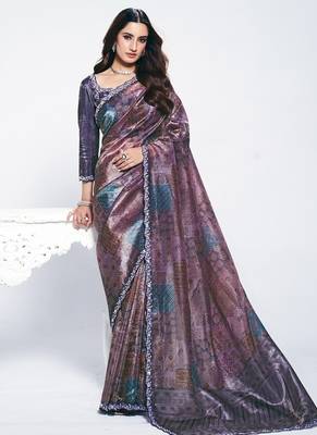 shaded lavender two tone paper silk digital print with embroidery hand work saree 1