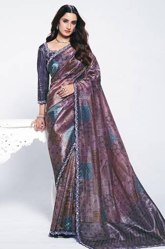 shaded lavender two tone paper silk digital print with embroidery hand work saree