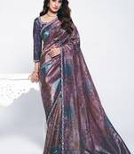 shaded lavender two tone paper silk digital print with embroidery hand work saree