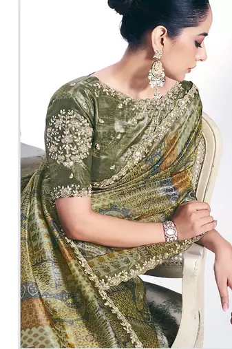 olive two tone paper silk digital print with embroidery hand work wear saree