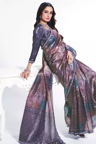 shaded lavender two tone paper silk digital print with embroidery hand work saree