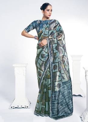 sky blue two tone paper silk digital print with  embroidery hand work saree 1