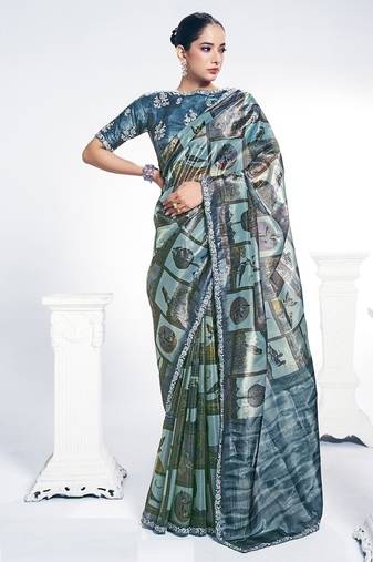 sky blue two tone paper silk digital print with  embroidery hand work saree