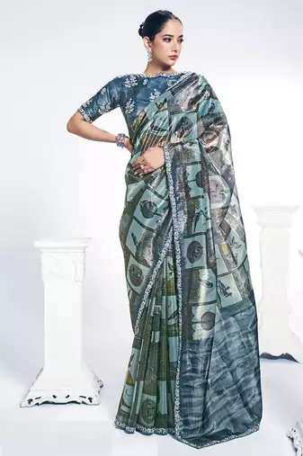 sky blue two tone paper silk digital print with  embroidery hand work saree