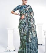 sky blue two tone paper silk digital print with  embroidery hand work saree