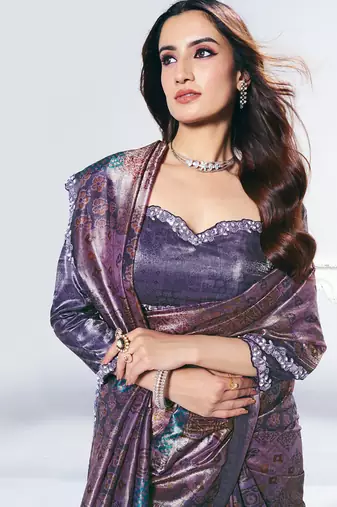 shaded lavender two tone paper silk digital print with embroidery hand work saree