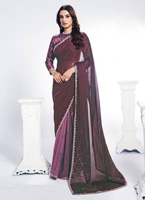 shaded wine two tone satin silk digital print with sequince hand work saree 1