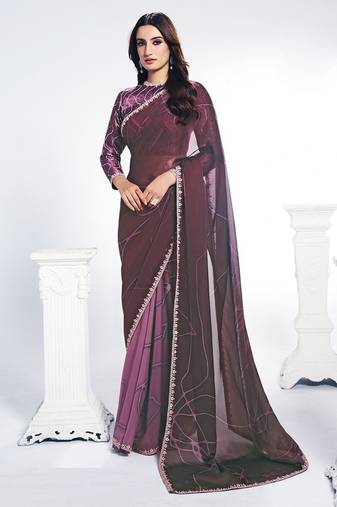 shaded wine two tone satin silk digital print with sequince hand work saree