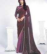 shaded wine two tone satin silk digital print with sequince hand work saree