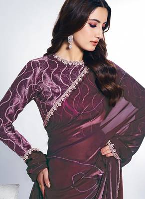 shaded wine two tone satin silk digital print with sequince hand work saree 2