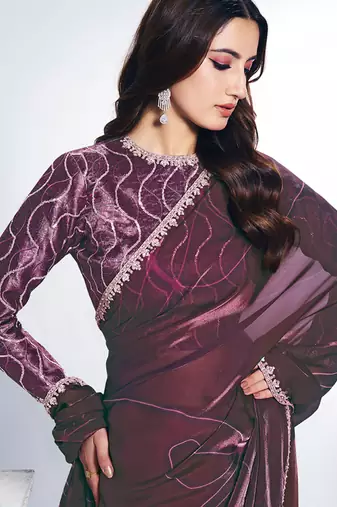 shaded wine two tone satin silk digital print with sequince hand work saree