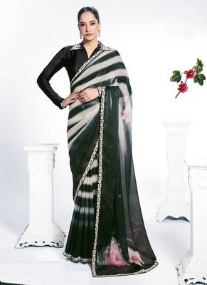 black & off white two tone satin silk digital printed embroidery hand work saree 1