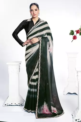 black & off white two tone satin silk digital printed embroidery hand work saree
