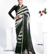 black & off white two tone satin silk digital printed embroidery hand work saree