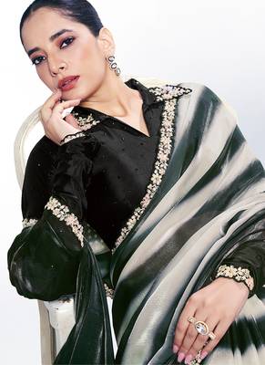 black & off white two tone satin silk digital printed embroidery hand work saree 2