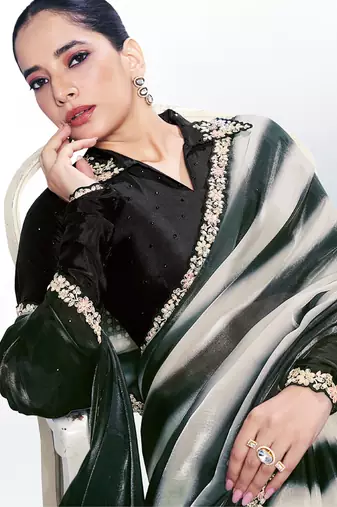 black & off white two tone satin silk digital printed embroidery hand work saree