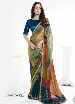 multicolour two tone satin silk digital printed embroidery hand work saree 1