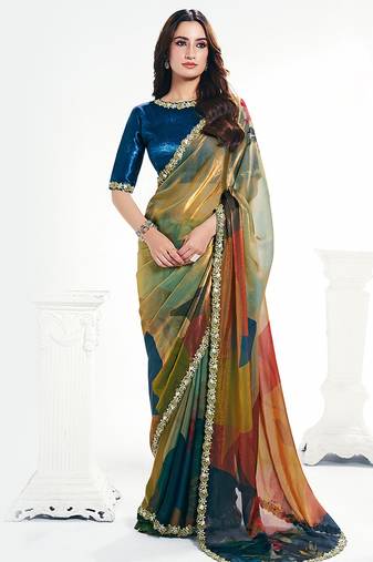multicolour two tone satin silk digital printed embroidery hand work saree