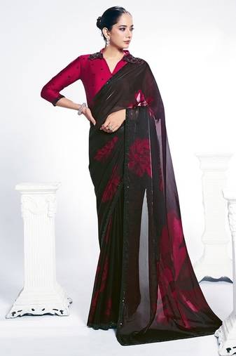 ruby red & black two tone satin silk digital printed embroidery saree