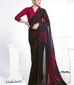 ruby red & black two tone satin silk digital printed embroidery saree