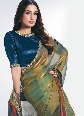 multicolour two tone satin silk digital printed embroidery hand work saree 2