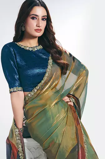 multicolour two tone satin silk digital printed embroidery hand work saree
