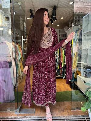 Maroon Embroidered Naira Cut Kurti Pant Dupatta Set 1