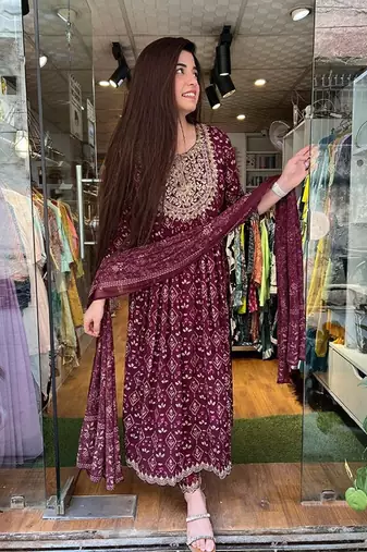 Maroon Embroidered Naira Cut Kurti Pant Dupatta Set