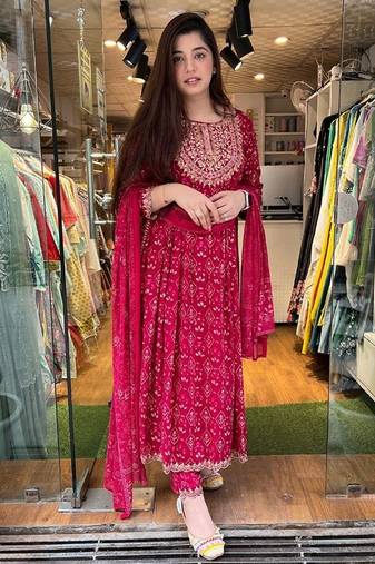 Red Embroidered Naira Cut Kurti Pant Dupatta Set