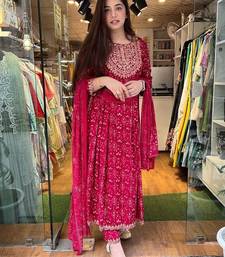 Red Embroidered Naira Cut Kurti Pant Dupatta Set