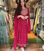 Red Embroidered Naira Cut Kurti Pant Dupatta Set