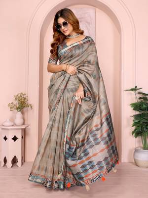 grey printed art silk designer pallu chanderi saree 1