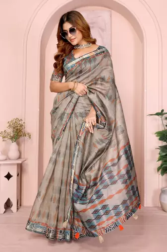 grey printed art silk designer pallu chanderi saree