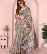 grey printed art silk designer pallu chanderi saree