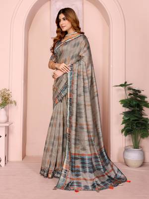 grey printed art silk designer pallu chanderi saree 2