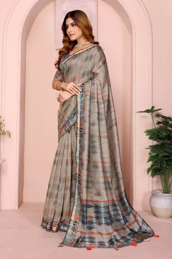 grey printed art silk designer pallu chanderi saree