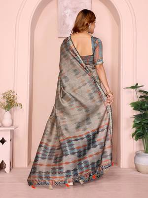 grey printed art silk designer pallu chanderi saree 3