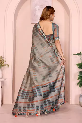 grey printed art silk designer pallu chanderi saree