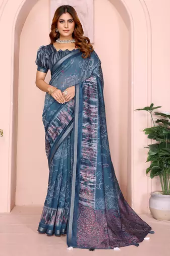 teal printed art silk designer pallu chanderi saree