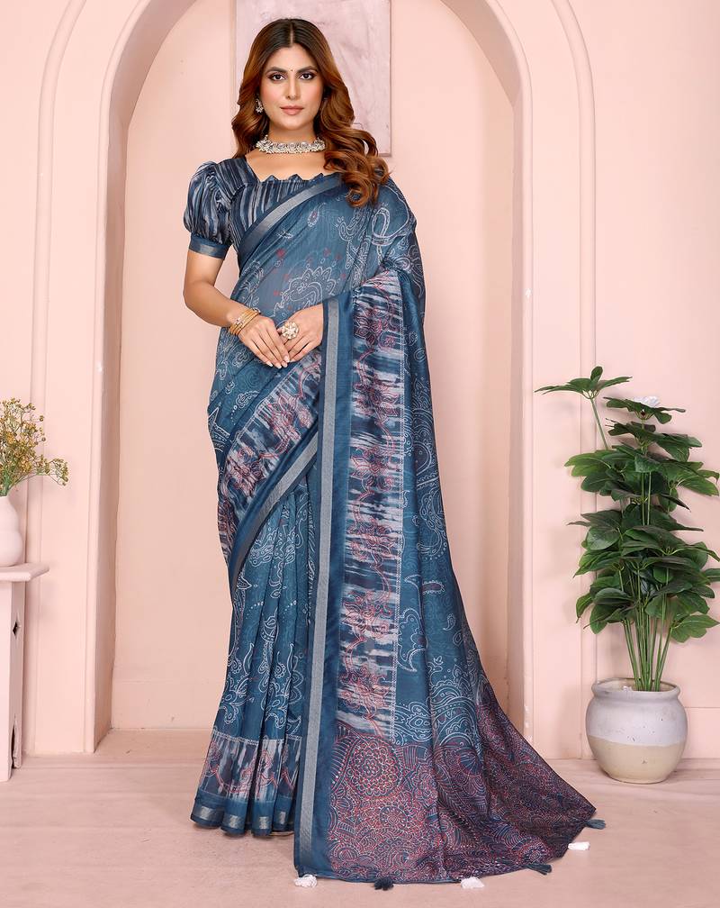 teal printed art silk designer pallu chanderi saree