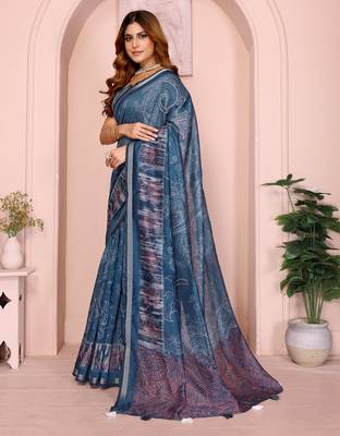 teal printed art silk designer pallu chanderi saree 2